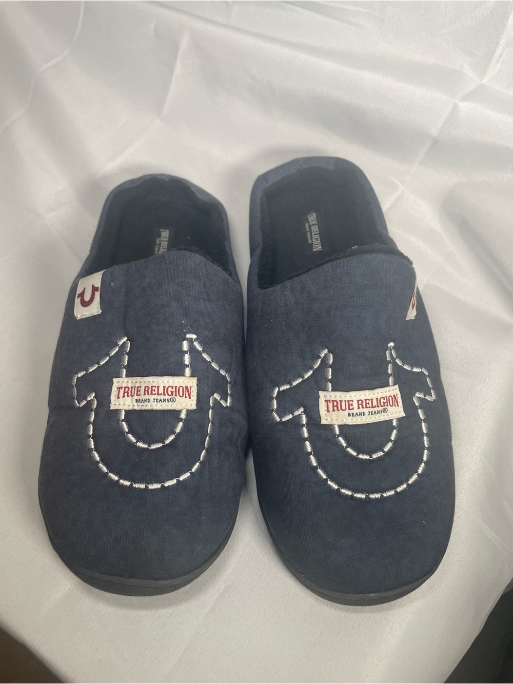 True Religion Navy Embroidered Horseshoe Slip-Ons